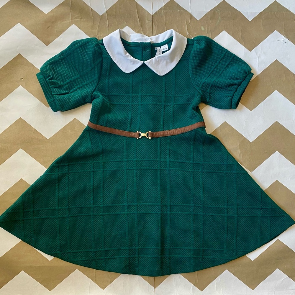 Janie and Jack Green Dress with White Collar and Brown Belt